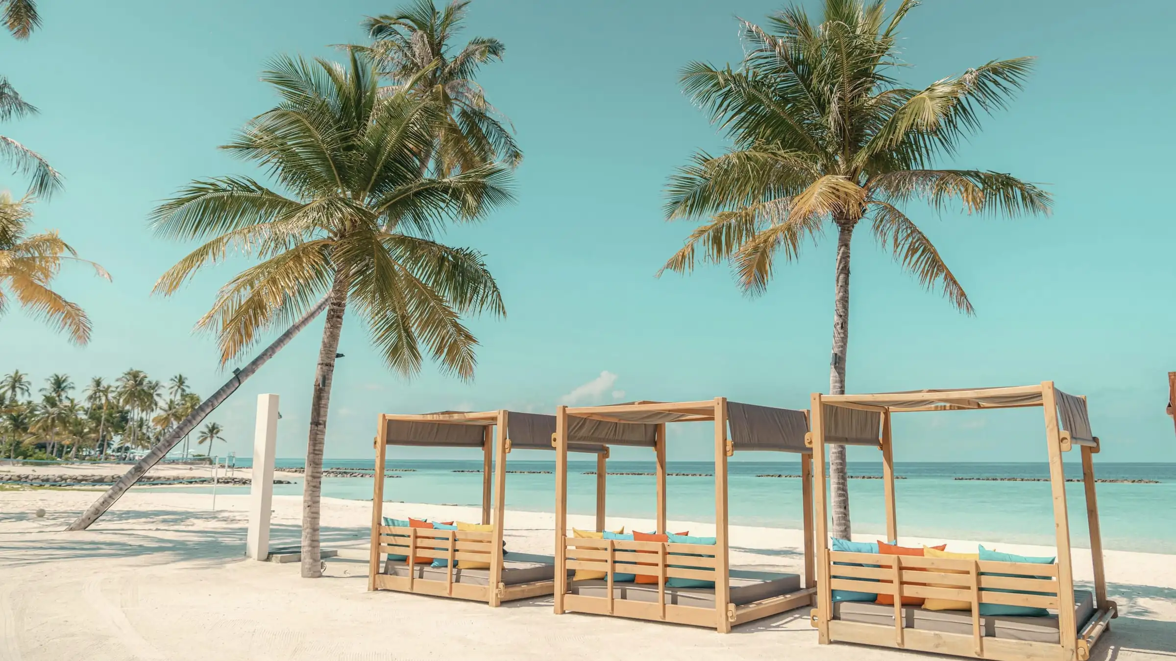 Timber cabanas under two palms on a white beach beside turquoise water