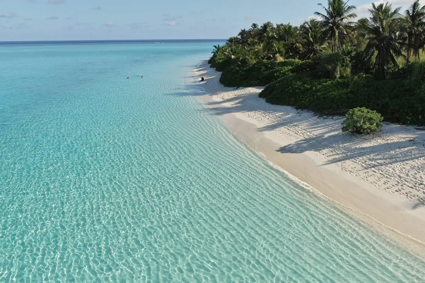 White beach and shallow turquoise lagoon edged with palms, seen from above